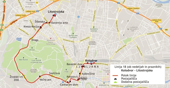 Skica 2: Predviden potek linije 18 L, ob nedeljah in praznikih, na trasi Litostrojska – Kolodvor.