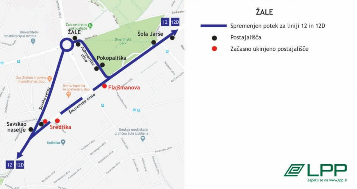 Prikaz spremenjenega poteka linij 12 in 12 D