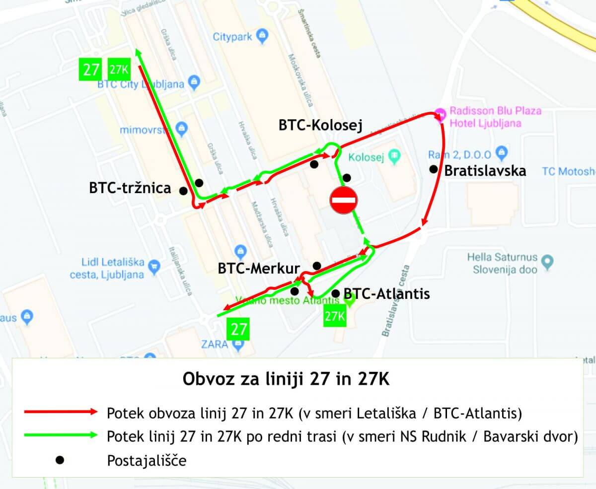 Slika prikazuje obvozno traso linij 27 in 27K