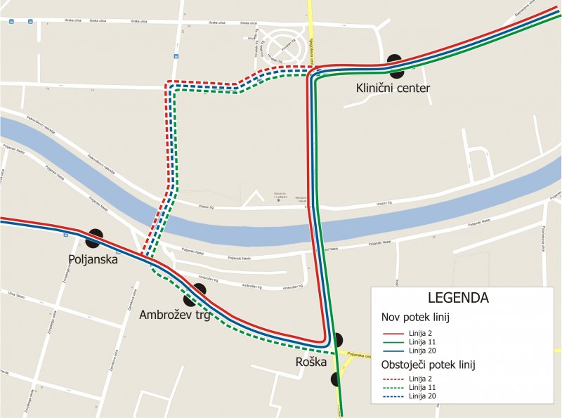 Skica spremenjenih tras linij mestnega potniškega prometa številka 2, 11 in 20.